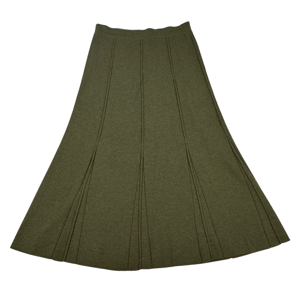 Eileen Fisher Olive Green 100% Wool Knit A-Line Maxi Skirt Italian Yarn Size M